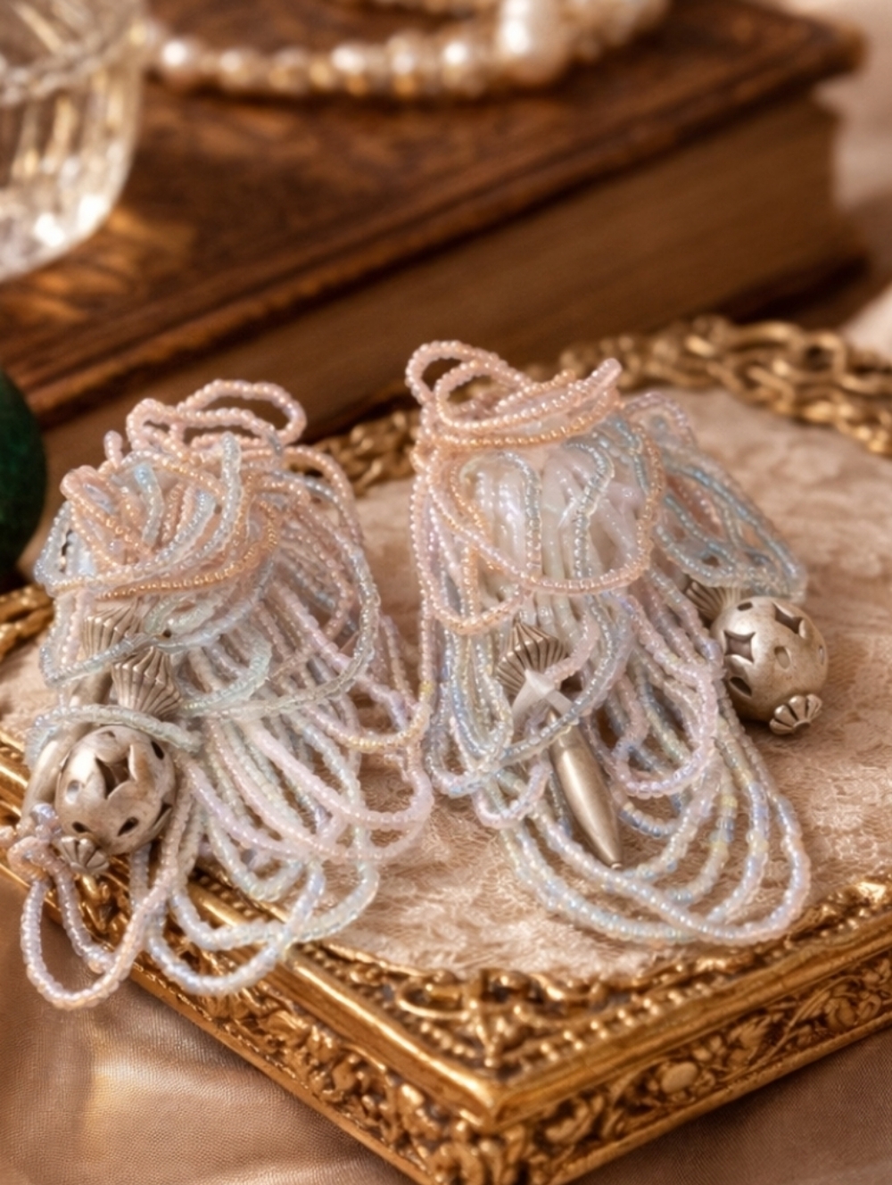 Vintage 80s Beaded Fringe Clip On Earrings Iridescent Glass Handmade Statement